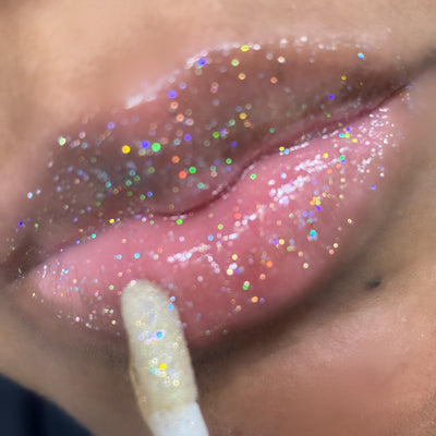 lip swatch, gold holographic glitter lip gloss