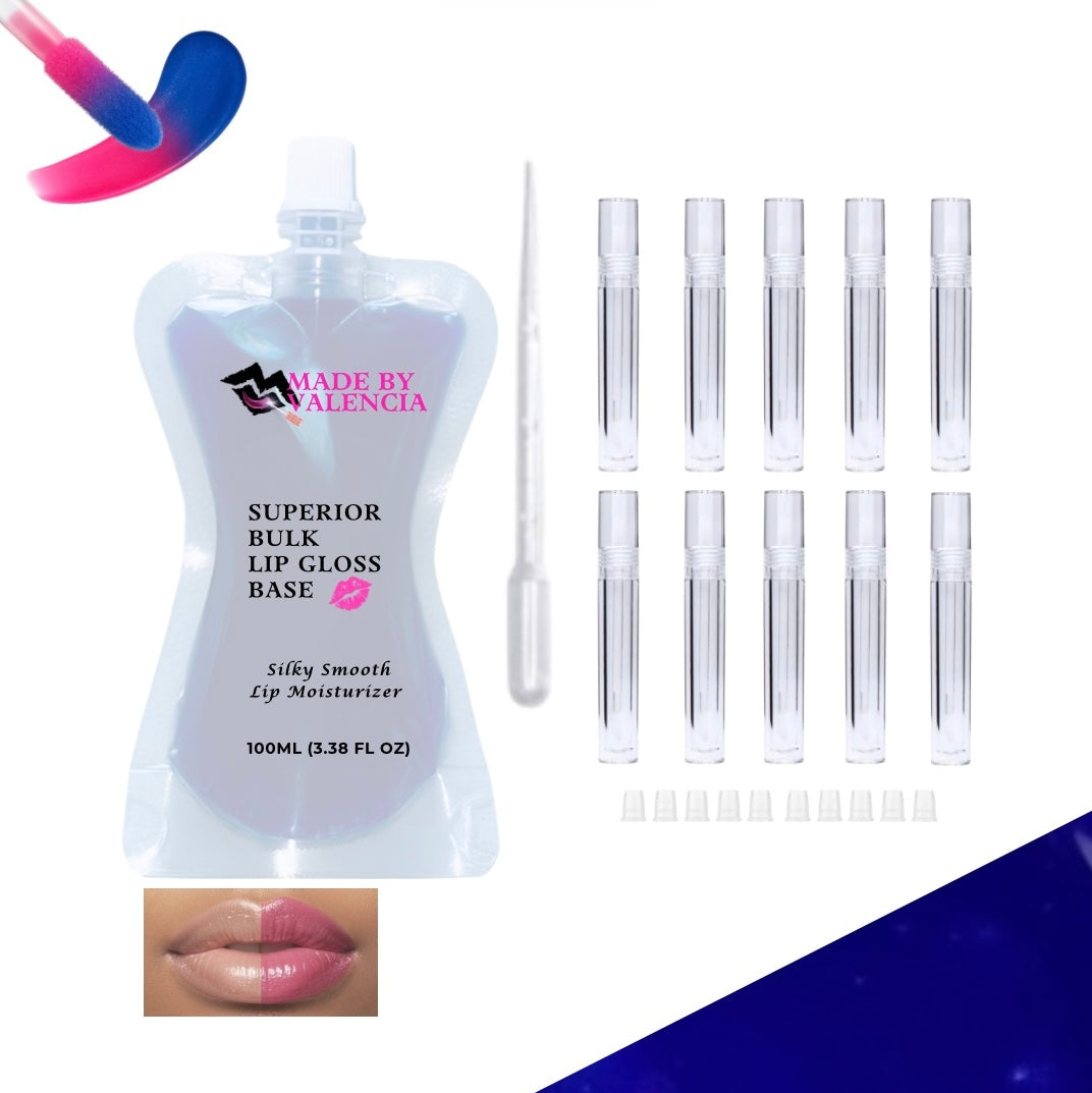 Lip gloss making kit with blue color changing lip gloss base, multiple clear lip gloss tube containers, and stoppers