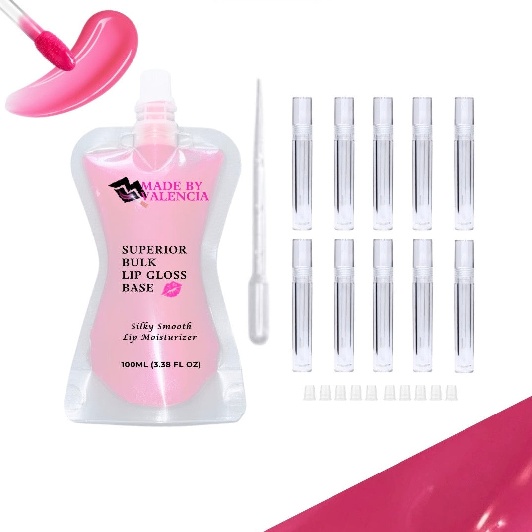 Lip gloss making kit with pink lip gloss base, multiple clear lip gloss tube containers, and stoppers