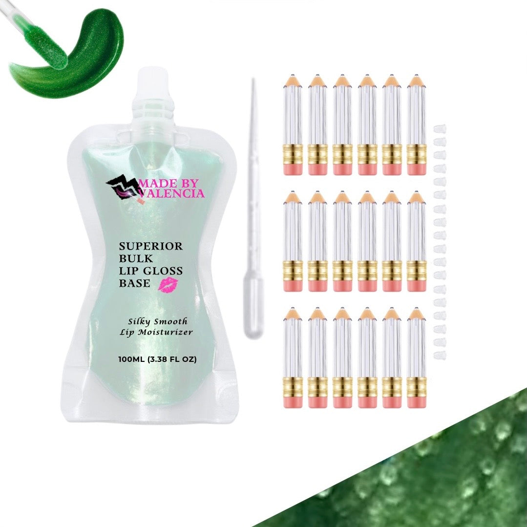 Lip gloss making kit with green lip gloss base, multiple pencil lip gloss tube containers, and stoppers