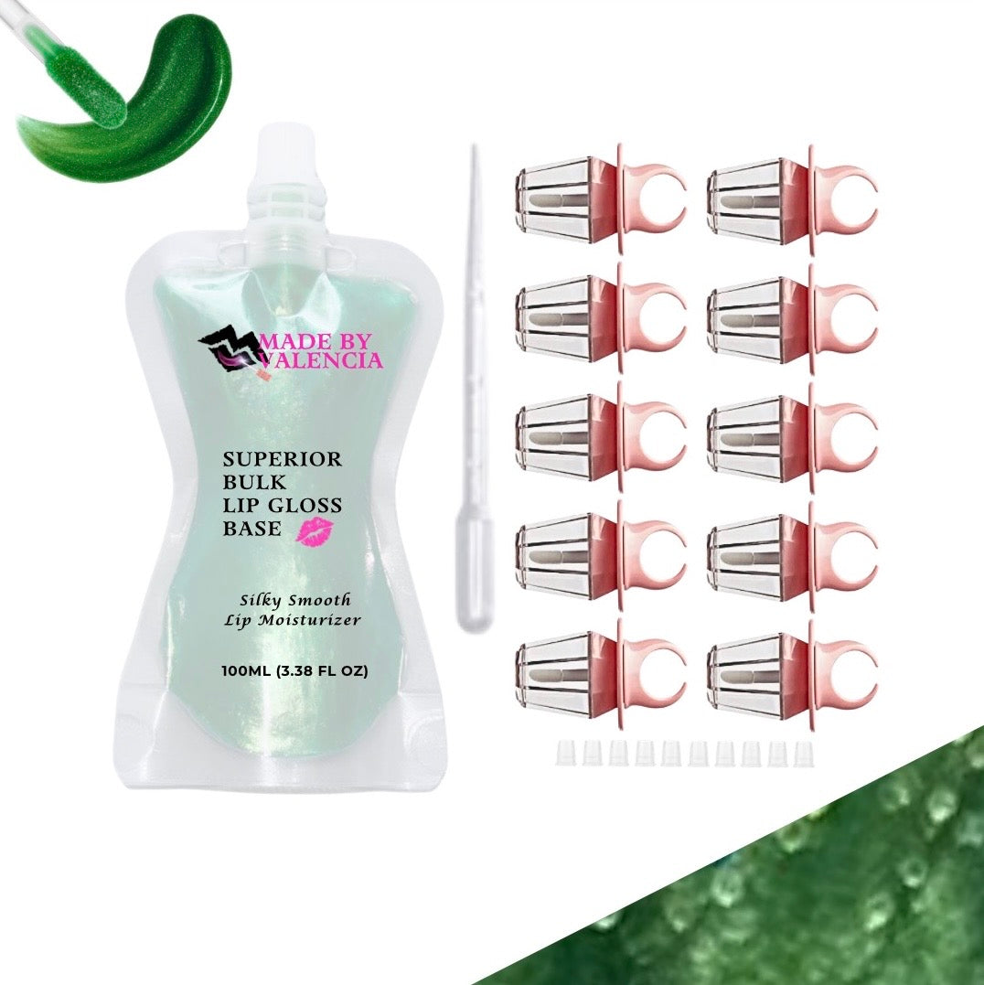 Lip gloss making kit with green lip gloss base, multiple ring lip gloss tube containers, and stoppers
